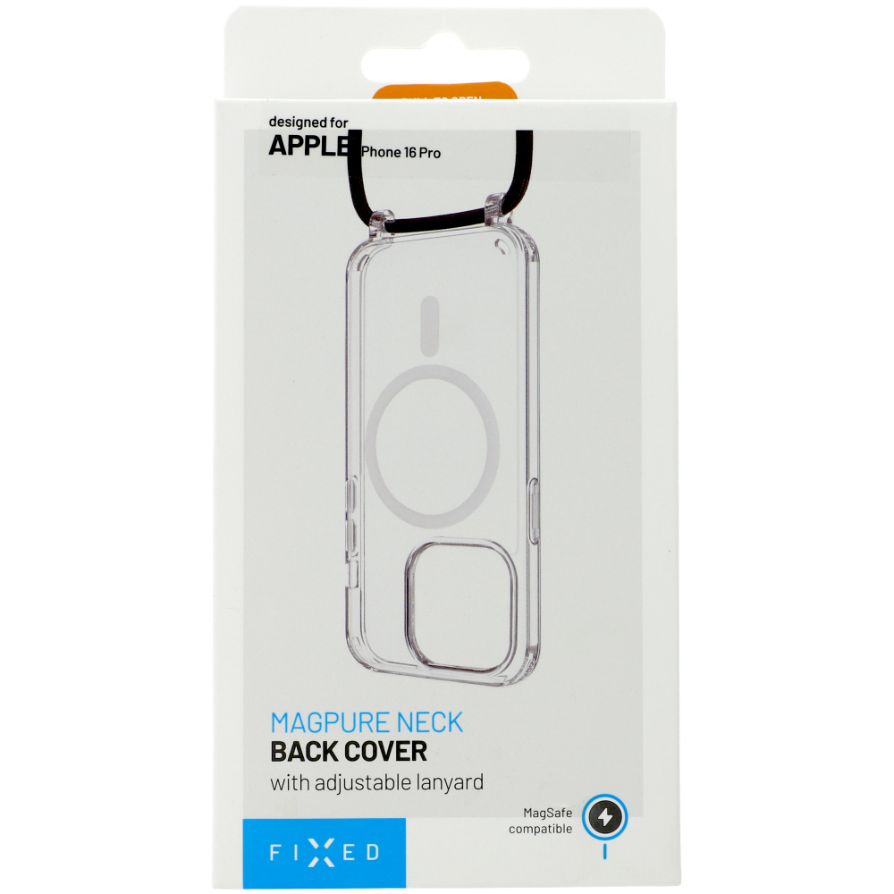 Etui ze smyczą FIXED MagPure Neck do MagSafe z dodatkowym filtrem anty UV do iPhone 16 Pro, czarne